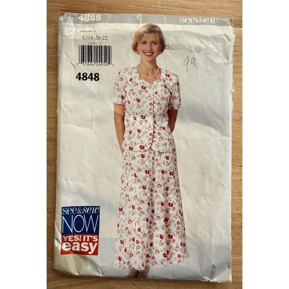 Butterick See & Sew Pattern 4848 Misses' Top & Skirt Size 18-20 CUT Complete